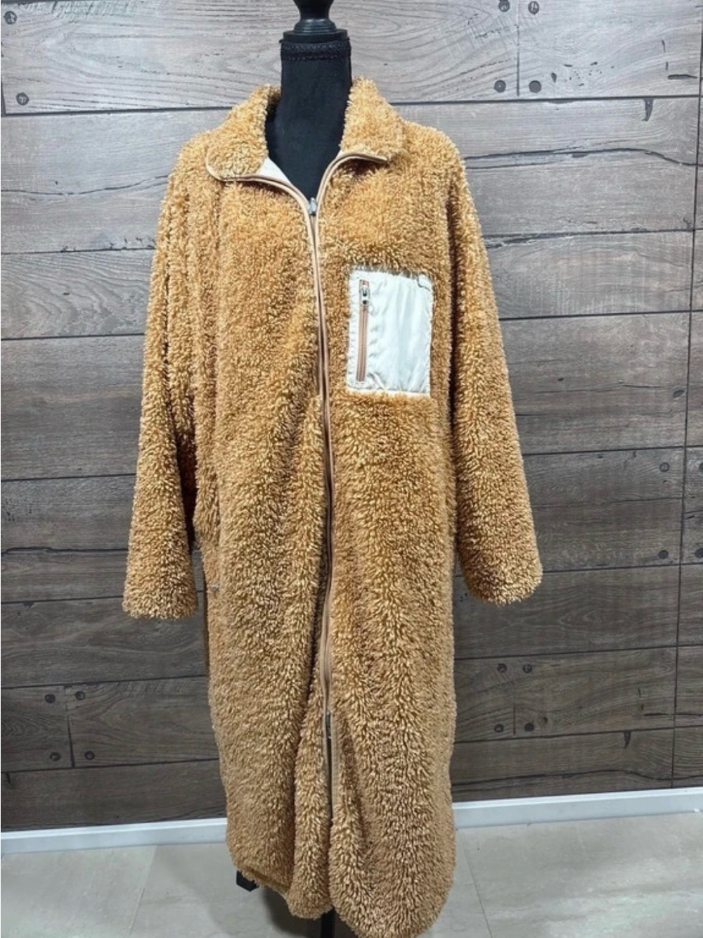 Cozy Camel Teddy Long Zip Coat with Contrast Pocket